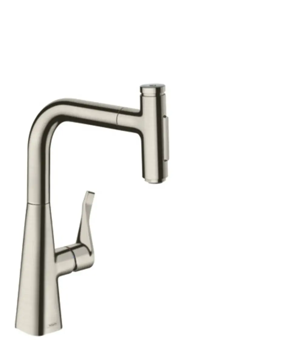 Küchenarmatur von Hansgrohe mit ausziehbarer Brause und zwei Sprühfunktionen. Edelstahloptik, moderner Designstil.
